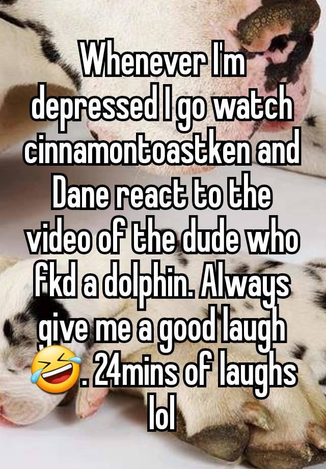 Whenever I'm depressed I go watch cinnamontoastken and Dane react to the video of the dude who fkd a dolphin. Always give me a good laugh 🤣. 24mins of laughs lol