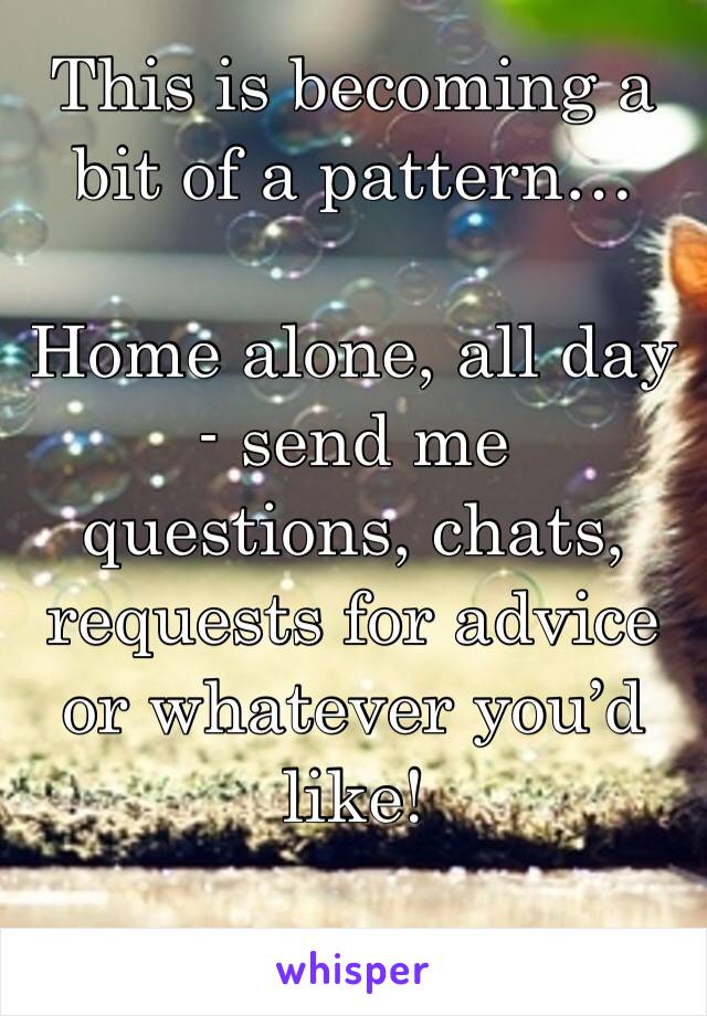 This is becoming a bit of a pattern…

Home alone, all day - send me questions, chats, requests for advice or whatever you’d like!