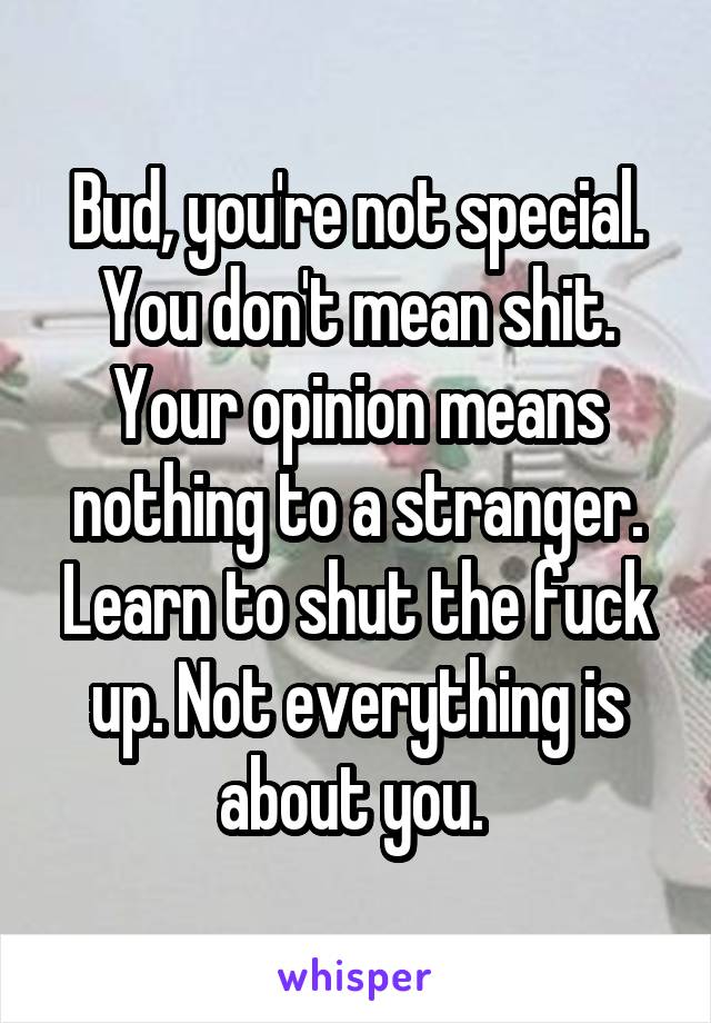 Bud, you're not special. You don't mean shit. Your opinion means nothing to a stranger. Learn to shut the fuck up. Not everything is about you. 