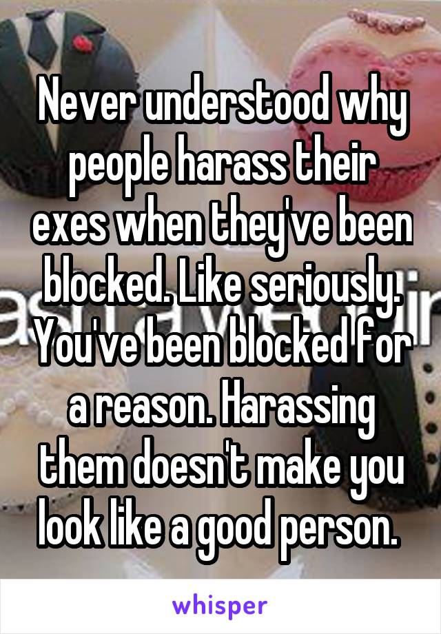 Never understood why people harass their exes when they've been blocked. Like seriously. You've been blocked for a reason. Harassing them doesn't make you look like a good person. 