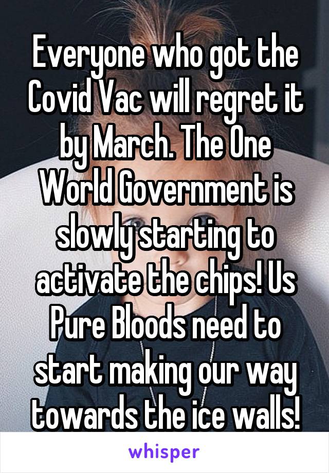 Everyone who got the Covid Vac will regret it by March. The One World Government is slowly starting to activate the chips! Us Pure Bloods need to start making our way towards the ice walls!