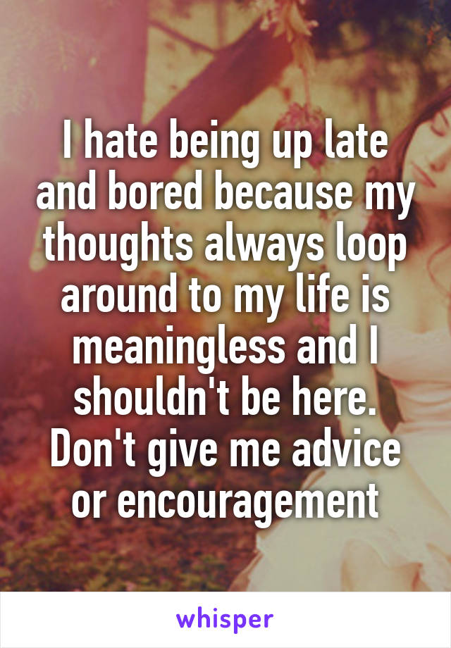 I hate being up late and bored because my thoughts always loop around to my life is meaningless and I shouldn't be here.
Don't give me advice or encouragement