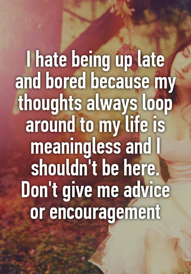 I hate being up late and bored because my thoughts always loop around to my life is meaningless and I shouldn't be here.
Don't give me advice or encouragement