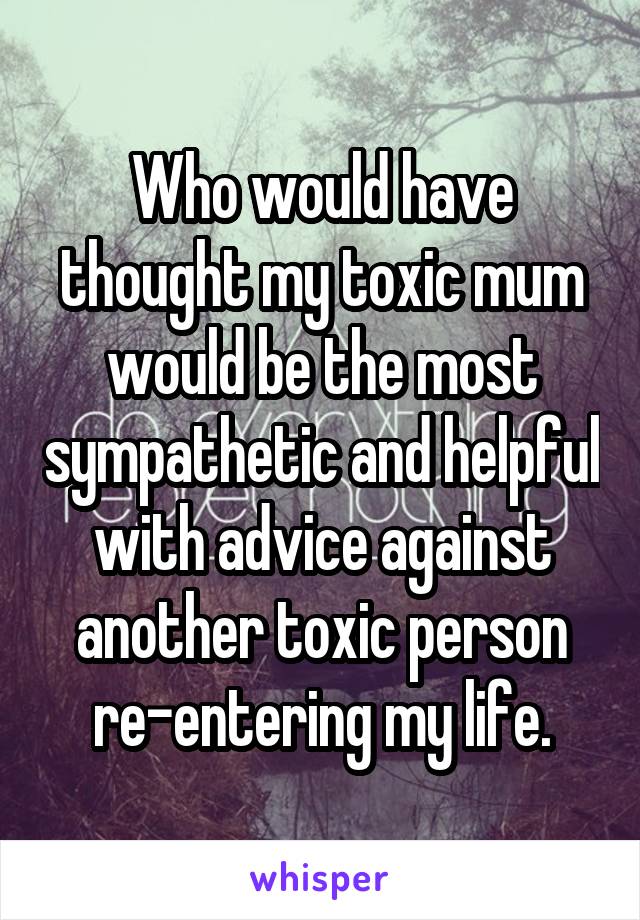 Who would have thought my toxic mum would be the most sympathetic and helpful with advice against another toxic person re-entering my life.