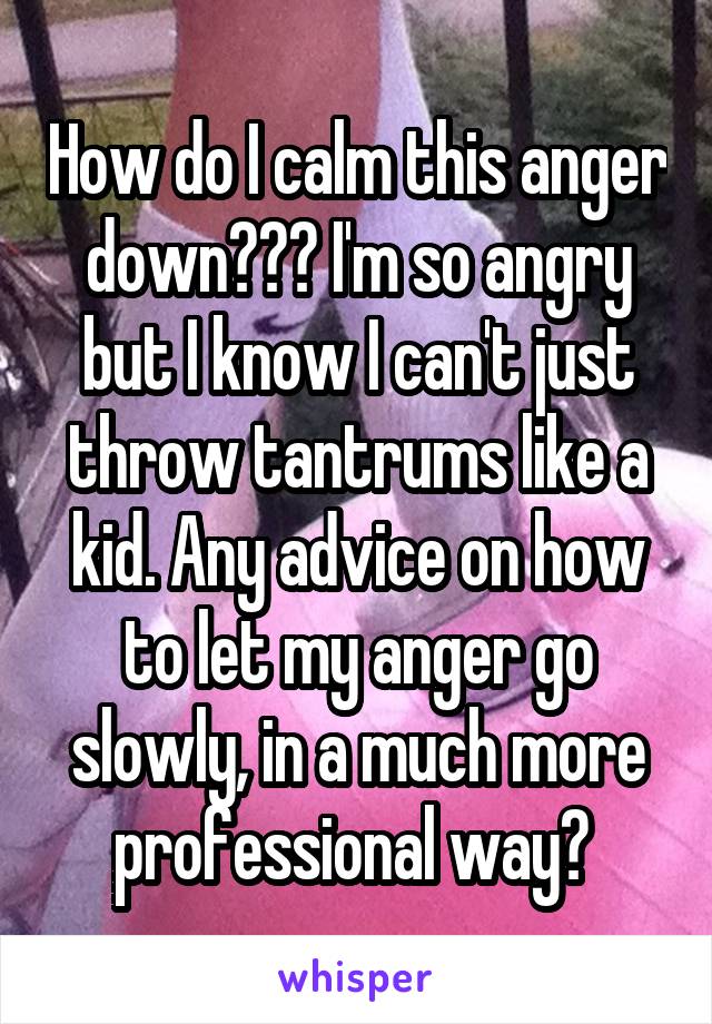 How do I calm this anger down??? I'm so angry but I know I can't just throw tantrums like a kid. Any advice on how to let my anger go slowly, in a much more professional way? 