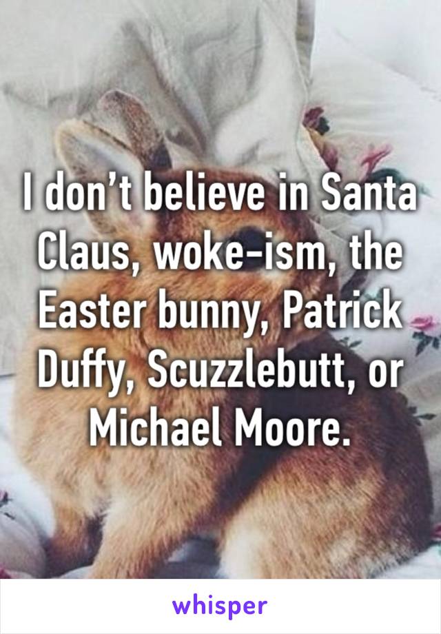 I don’t believe in Santa Claus, woke-ism, the Easter bunny, Patrick Duffy, Scuzzlebutt, or Michael Moore. 