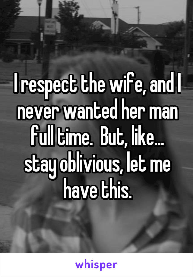 I respect the wife, and I never wanted her man full time.  But, like... stay oblivious, let me have this.