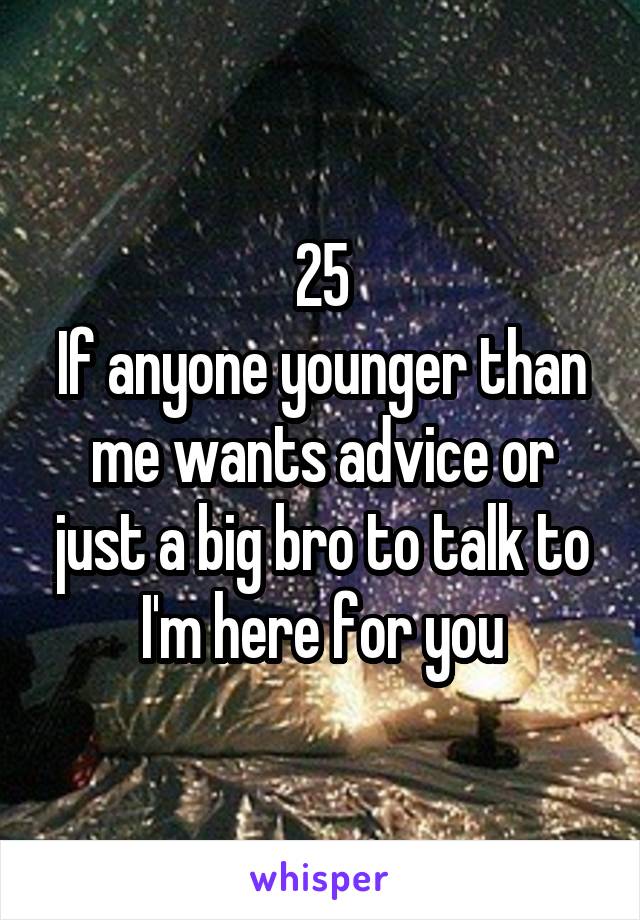 25
If anyone younger than me wants advice or just a big bro to talk to I'm here for you