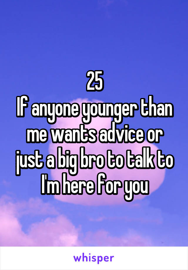 25
If anyone younger than me wants advice or just a big bro to talk to I'm here for you