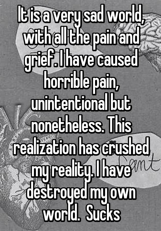 It is a very sad world, with all the pain and grief. I have caused horrible pain, unintentional but nonetheless. This realization has crushed my reality. I have destroyed my own world.  Sucks