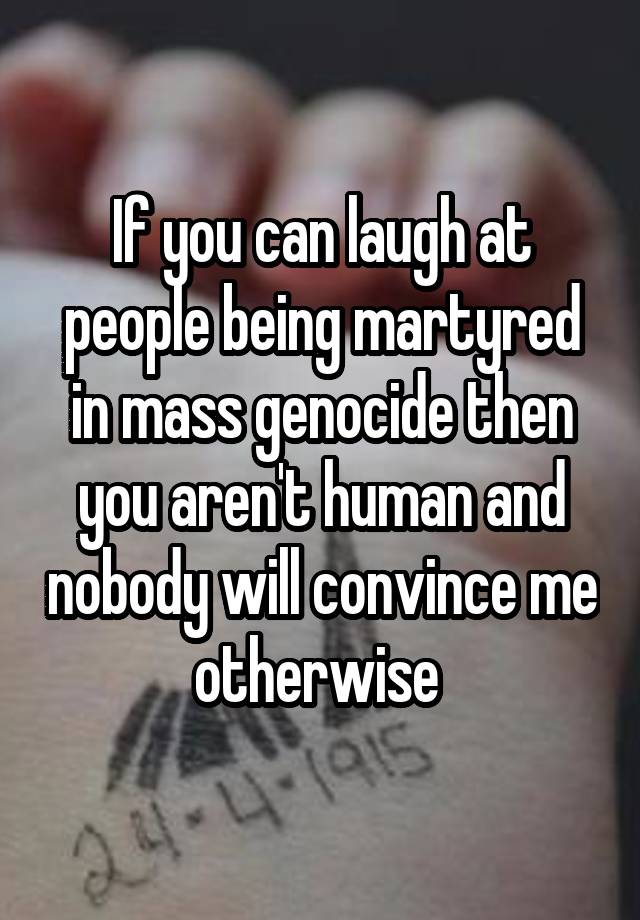 If you can laugh at people being martyred in mass genocide then you aren't human and nobody will convince me otherwise 