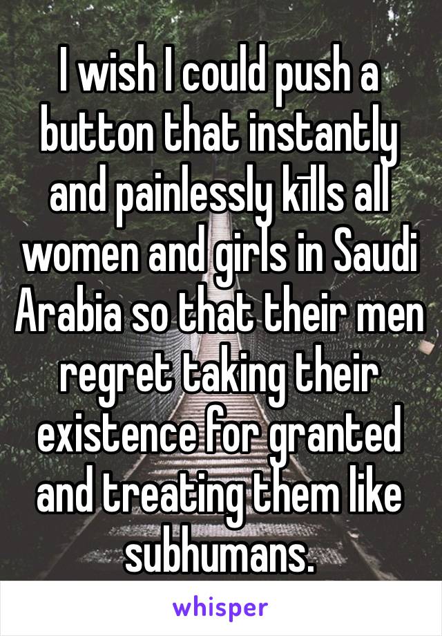 I wish I could push a button that instantly and painlessly kīlls all women and girls in Saudi Arabia so that their men regret taking their existence for granted and treating them like subhumans.