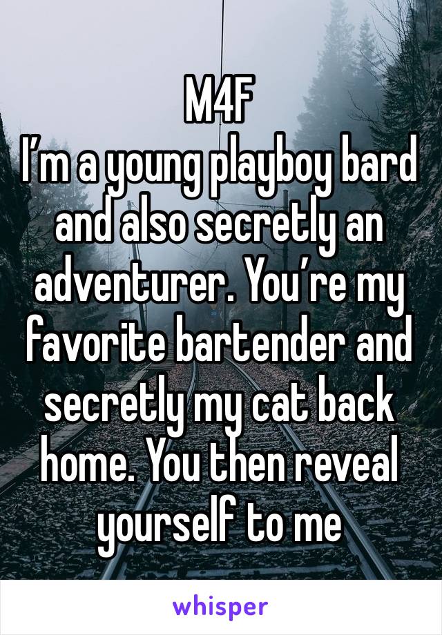 M4F
I’m a young playboy bard and also secretly an adventurer. You’re my favorite bartender and secretly my cat back home. You then reveal yourself to me