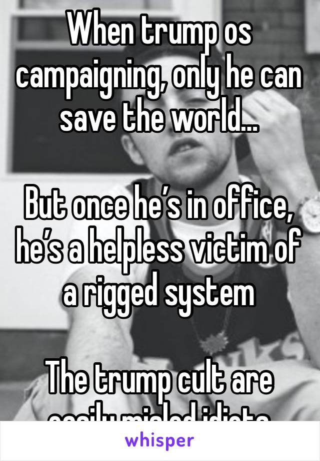 When trump os campaigning, only he can save the world…

But once he’s in office, he’s a helpless victim of a rigged system

The trump cult are easily misled idiots