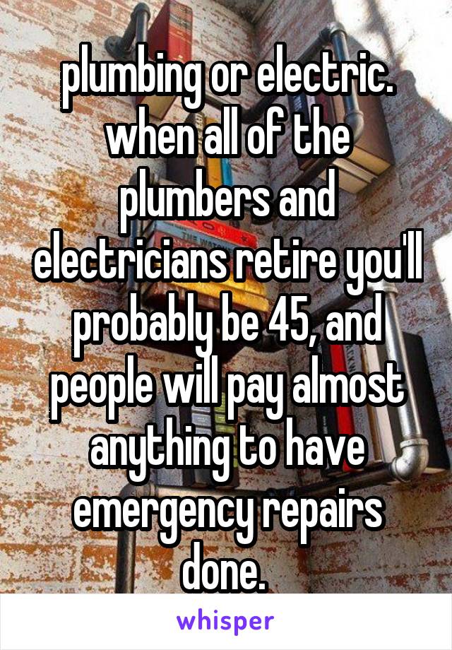  plumbing or electric. when all of the plumbers and electricians retire you'll probably be 45, and people will pay almost anything to have emergency repairs done. 