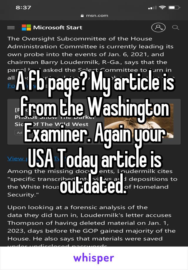 A fb page? My article is from the Washington Examiner. Again your USA Today article is outdated. 