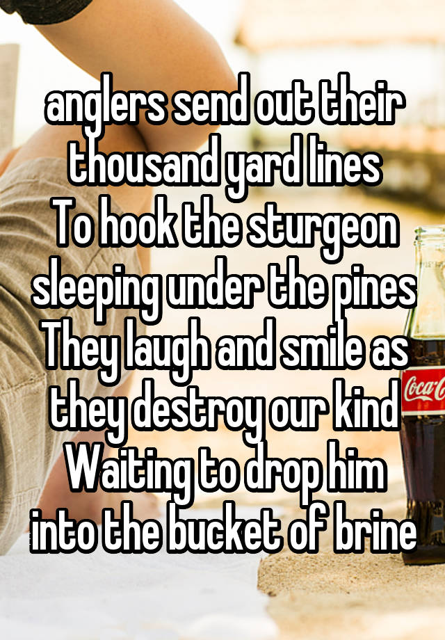 anglers send out their thousand yard lines
To hook the sturgeon sleeping under the pines
They laugh and smile as they destroy our kind
Waiting to drop him into the bucket of brine