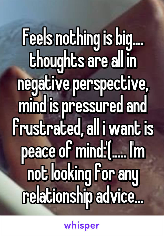 Feels nothing is big.... thoughts are all in negative perspective, mind is pressured and frustrated, all i want is peace of mind:'(..... I'm not looking for any relationship advice...