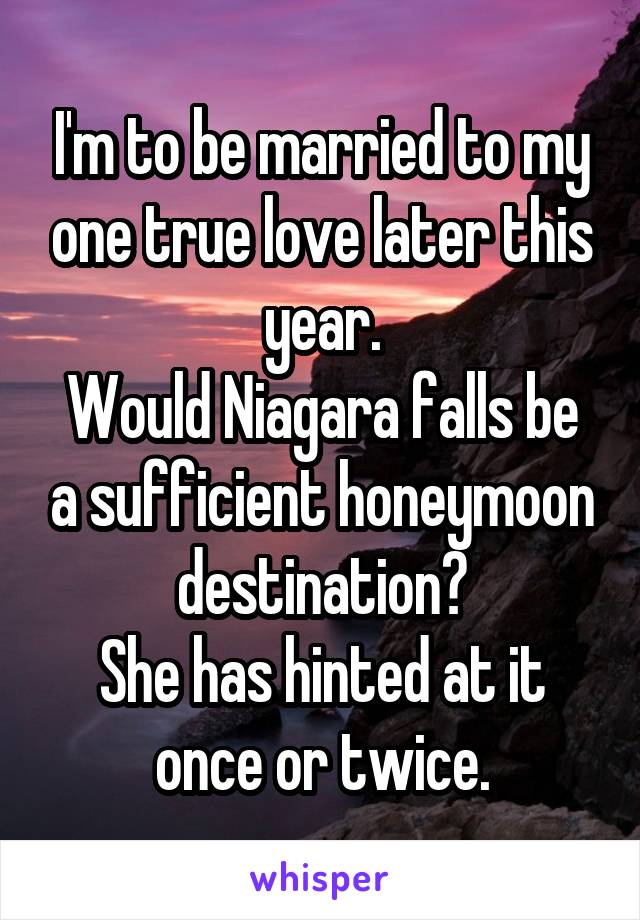 I'm to be married to my one true love later this year.
Would Niagara falls be a sufficient honeymoon destination?
She has hinted at it once or twice.