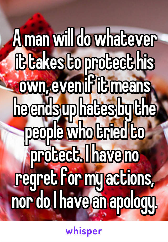 A man will do whatever it takes to protect his own, even if it means he ends up hates by the people who tried to protect. I have no regret for my actions, nor do I have an apology.