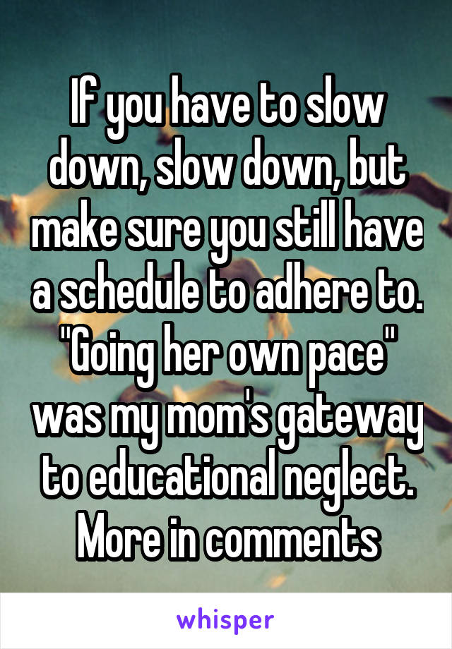 If you have to slow down, slow down, but make sure you still have a schedule to adhere to. "Going her own pace" was my mom's gateway to educational neglect. More in comments