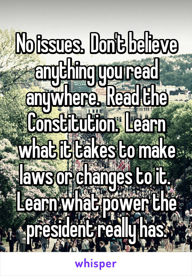 No issues.  Don't believe anything you read anywhere.  Read the Constitution.  Learn what it takes to make laws or changes to it.  Learn what power the president really has.