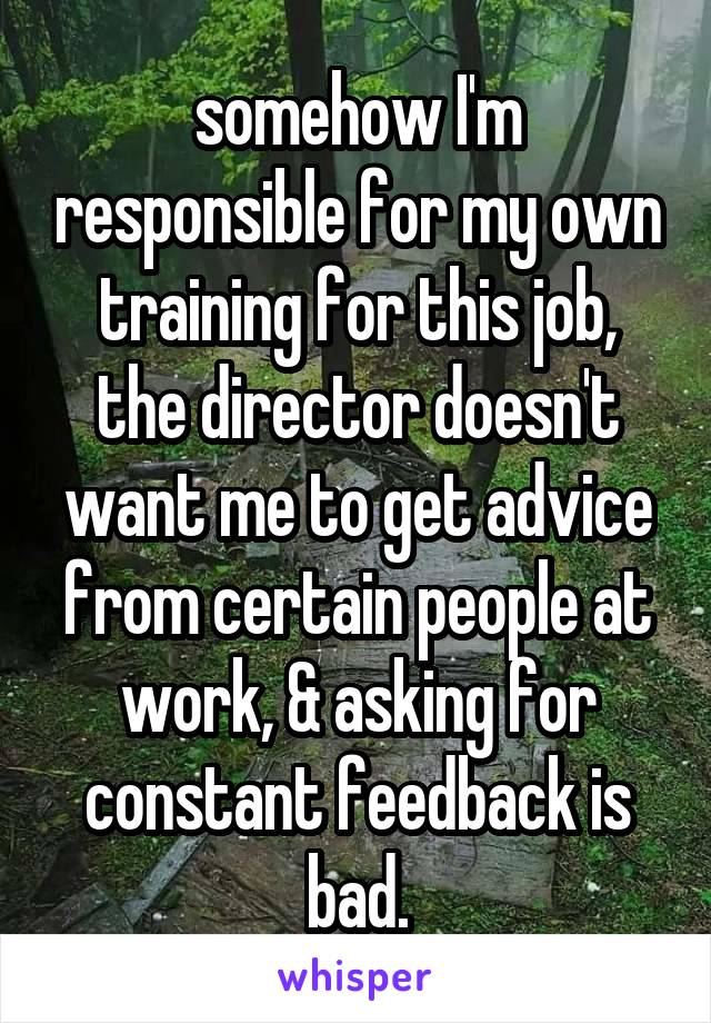 somehow I'm responsible for my own training for this job, the director doesn't want me to get advice from certain people at work, & asking for constant feedback is bad.