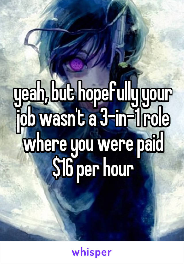 yeah, but hopefully your job wasn't a 3-in-1 role where you were paid $16 per hour