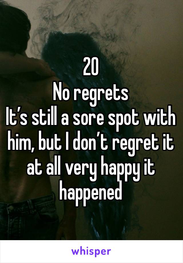 20
No regrets
It’s still a sore spot with him, but I don’t regret it at all very happy it happened