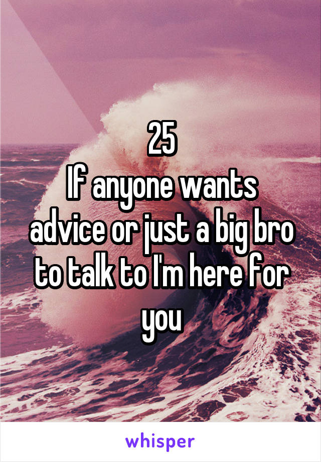 25
If anyone wants advice or just a big bro to talk to I'm here for you