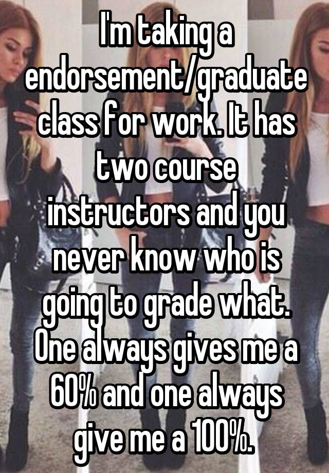 I'm taking a endorsement/graduate class for work. It has two course instructors and you never know who is going to grade what. One always gives me a 60% and one always give me a 100%. 