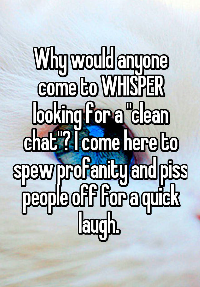 Why would anyone come to WHISPER looking for a "clean chat"? I come here to spew profanity and piss people off for a quick laugh. 