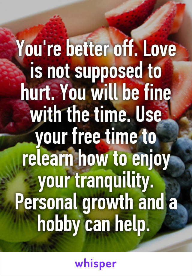 You're better off. Love is not supposed to hurt. You will be fine with the time. Use your free time to relearn how to enjoy your tranquility. Personal growth and a hobby can help. 