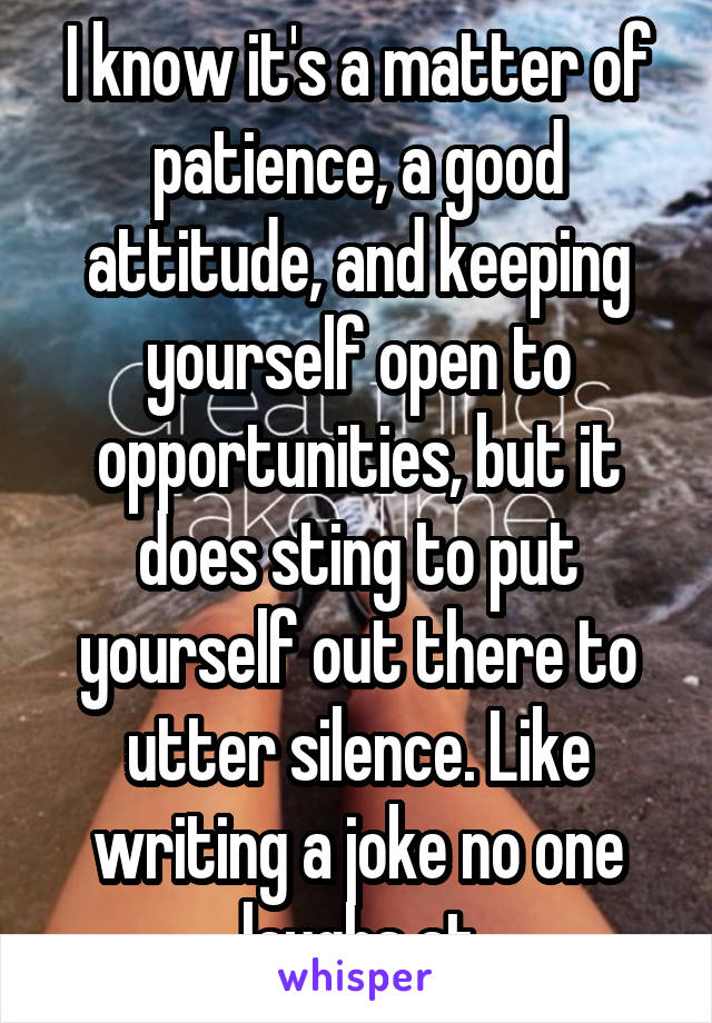 I know it's a matter of patience, a good attitude, and keeping yourself open to opportunities, but it does sting to put yourself out there to utter silence. Like writing a joke no one laughs at