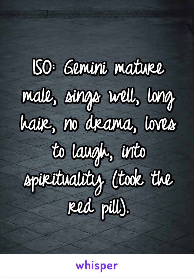 ISO: Gemini mature male, sings well, long hair, no drama, loves to laugh, into spirituality (took the red pill).