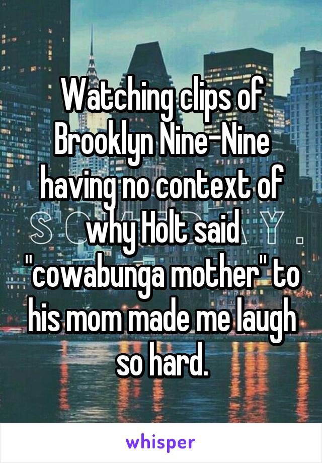 Watching clips of Brooklyn Nine-Nine having no context of why Holt said "cowabunga mother" to his mom made me laugh so hard.