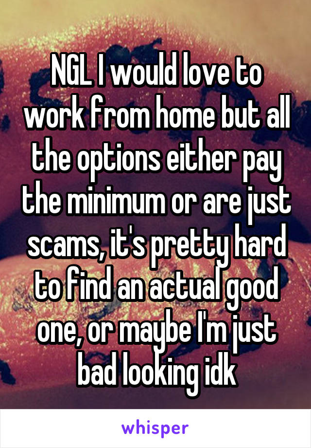 NGL I would love to work from home but all the options either pay the minimum or are just scams, it's pretty hard to find an actual good one, or maybe I'm just bad looking idk