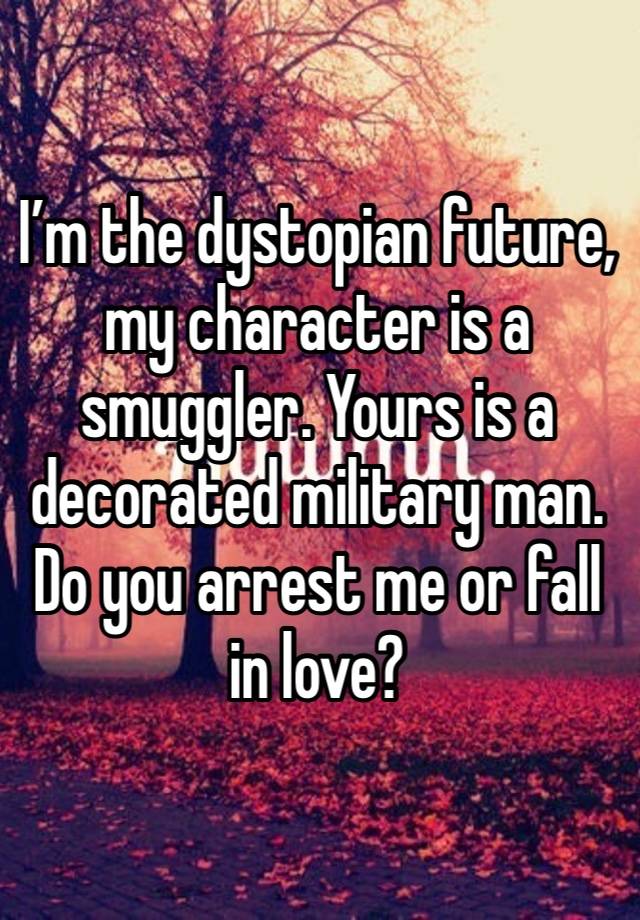 I’m the dystopian future, my character is a smuggler. Yours is a decorated military man. Do you arrest me or fall in love?