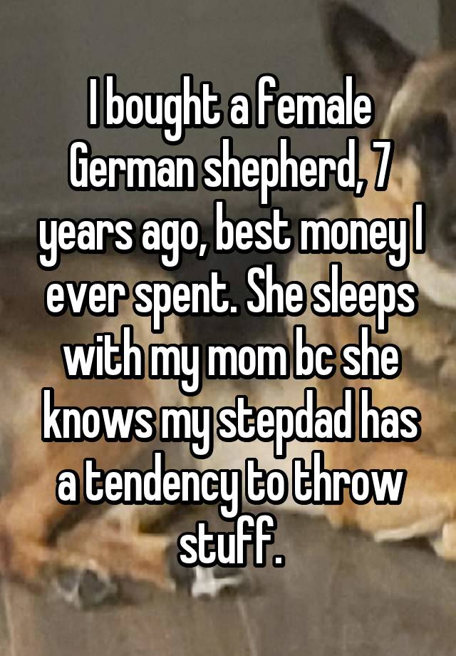 I bought a female German shepherd, 7 years ago, best money I ever spent. She sleeps with my mom bc she knows my stepdad has a tendency to throw stuff.
