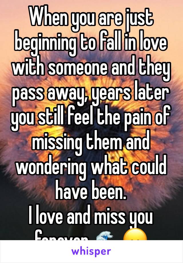 When you are just beginning to fall in love with someone and they pass away, years later you still feel the pain of missing them and wondering what could have been. 
I love and miss you forever. 🌊😞