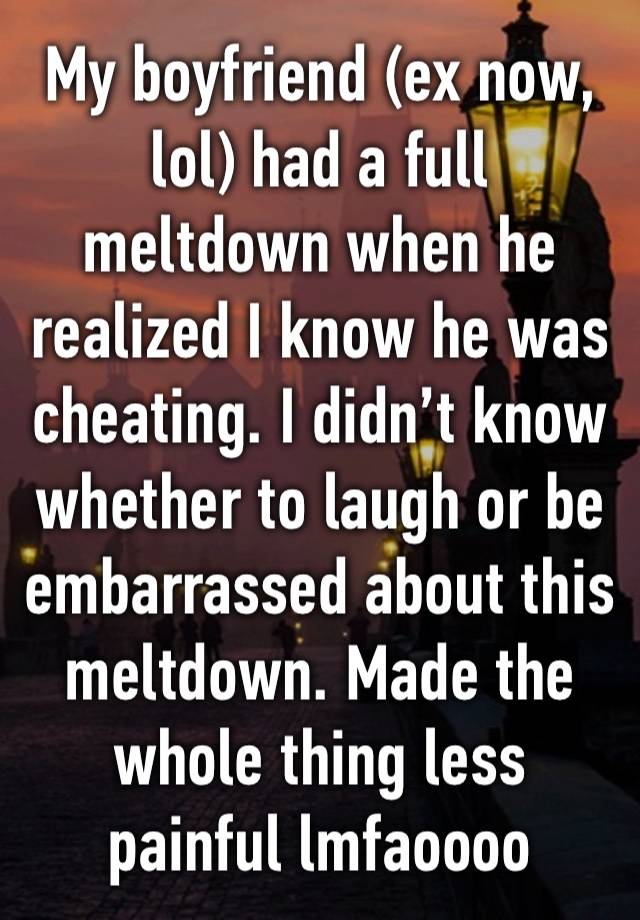 My boyfriend (ex now, lol) had a full meltdown when he realized I know he was cheating. I didn’t know whether to laugh or be embarrassed about this meltdown. Made the whole thing less painful lmfaoooo