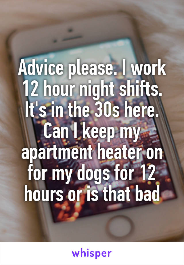 Advice please. I work 12 hour night shifts. It's in the 30s here. Can I keep my apartment heater on for my dogs for 12 hours or is that bad