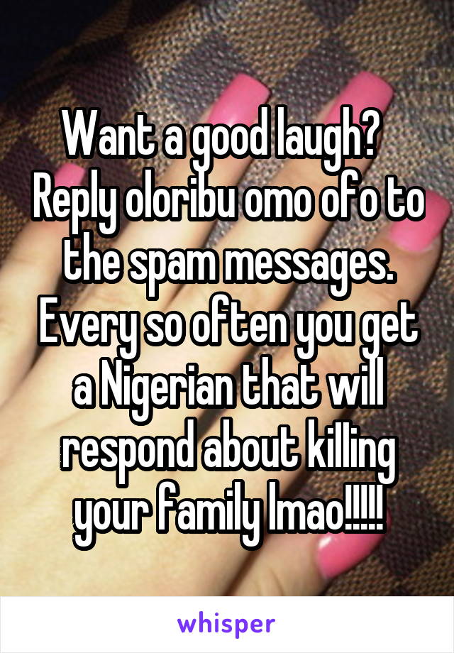 Want a good laugh?   Reply oloribu omo ofo to the spam messages. Every so often you get a Nigerian that will respond about kiIIing your family lmao!!!!!