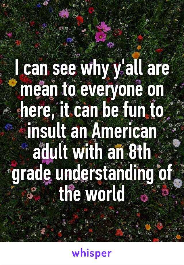 I can see why y'all are mean to everyone on here, it can be fun to insult an American adult with an 8th grade understanding of the world