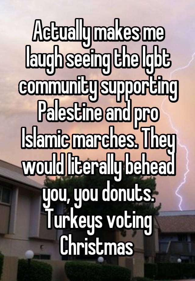 Actually makes me laugh seeing the lgbt community supporting Palestine and pro Islamic marches. They would literally behead you, you donuts. Turkeys voting Christmas 