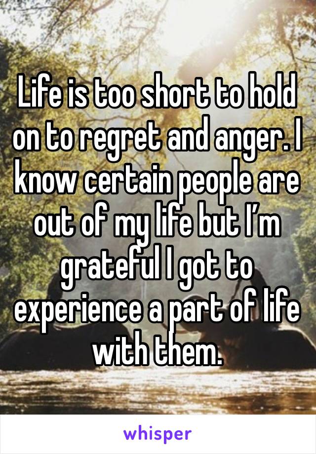 Life is too short to hold on to regret and anger. I know certain people are out of my life but I’m grateful I got to experience a part of life with them. 