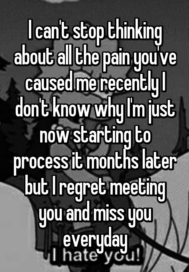 I can't stop thinking about all the pain you've caused me recently I don't know why I'm just now starting to process it months later but I regret meeting you and miss you everyday