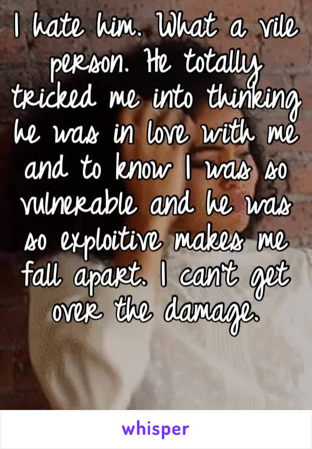 I hate him. What a vile person. He totally tricked me into thinking he was in love with me and to know I was so vulnerable and he was so exploitive makes me fall apart. I can’t get over the damage.