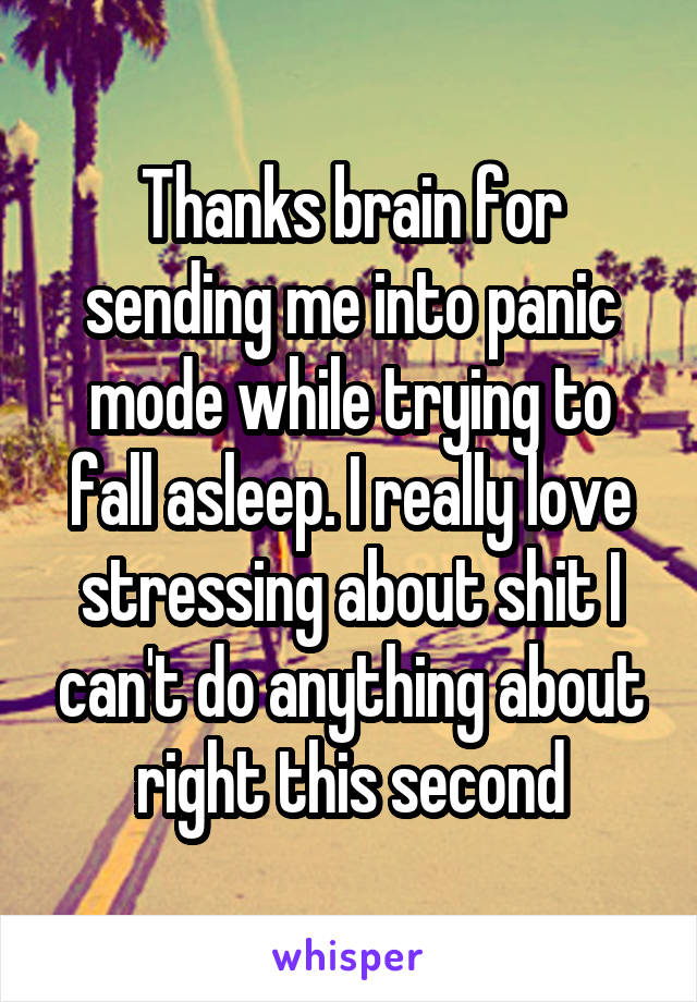 Thanks brain for sending me into panic mode while trying to fall asleep. I really love stressing about shit I can't do anything about right this second