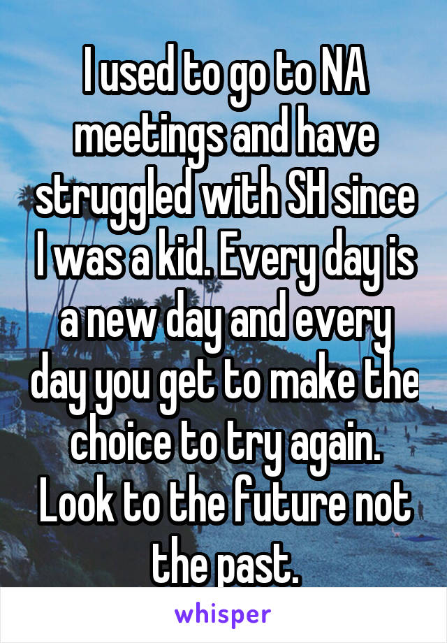 I used to go to NA meetings and have struggled with SH since I was a kid. Every day is a new day and every day you get to make the choice to try again. Look to the future not the past.